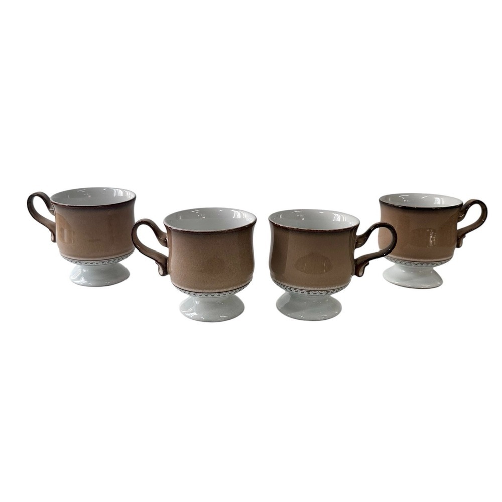 Vintage Denby England Seville Footed Coffee Teacup Beige/White Cappuccino 4 Set